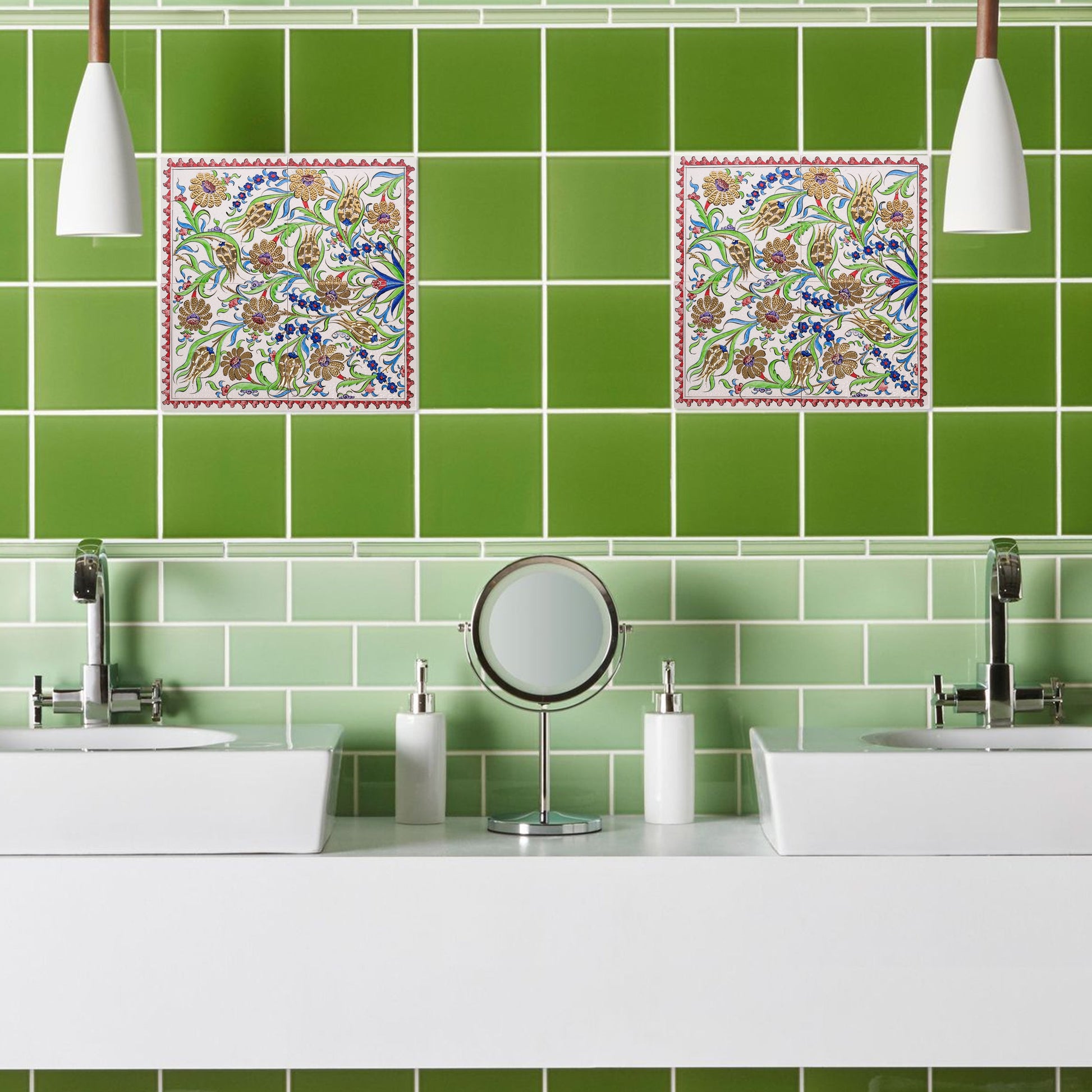 Bathroom with green tiled wall and decorative ceramic tiles above sinks.