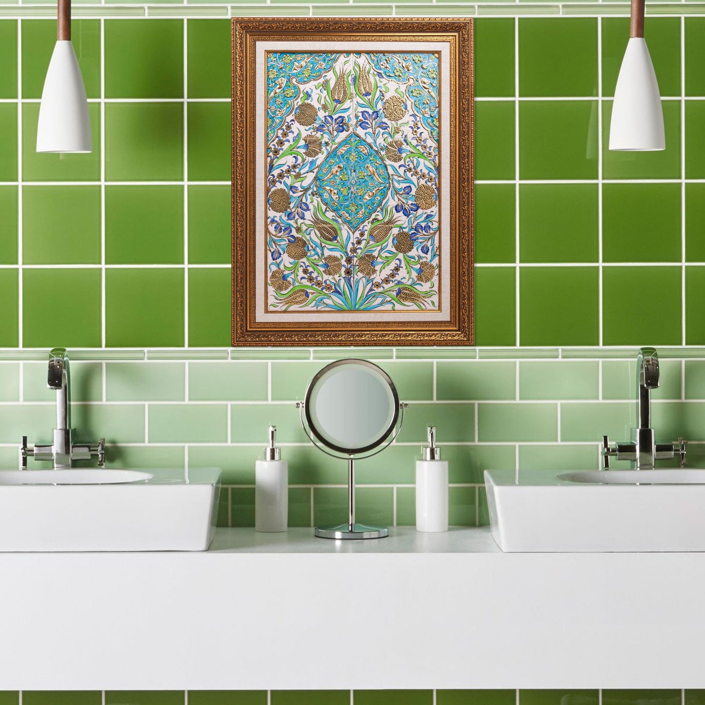 Bathroom with green tiled wall, ceramic tile, and sink.