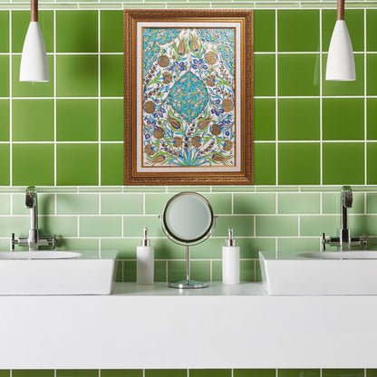 Bathroom with green tiled wall, ceramic tile, and sink.