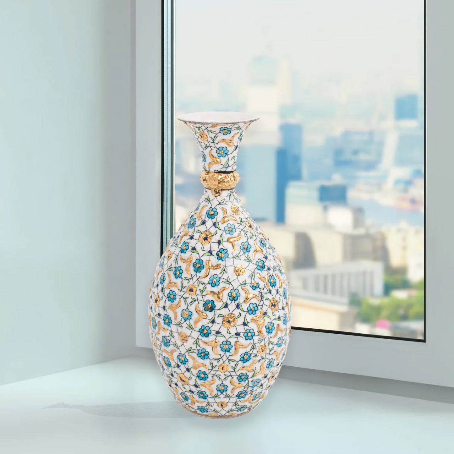 Hand-painted ceramic decorative bottle with turquoise and gold floral motifs on ivory. Glossy artisan vase, elegant décor accent, perfect for gifting.