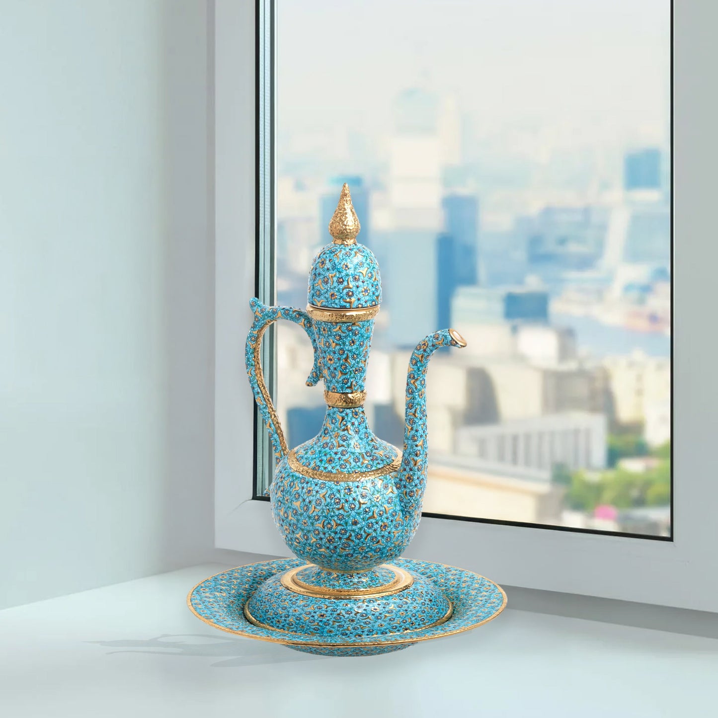 Hand-painted ceramic ewer and basin set with turquoise floral motifs and gold detailing. Tall Ottoman-inspired décor piece, perfect for display or gifting.