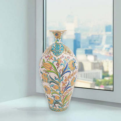 Hand-painted ceramic decorative bottle with pastel blossoms, golden tulips & Ottoman flourishes. Glossy glazed vase, artisan-made, perfect décor or gift.