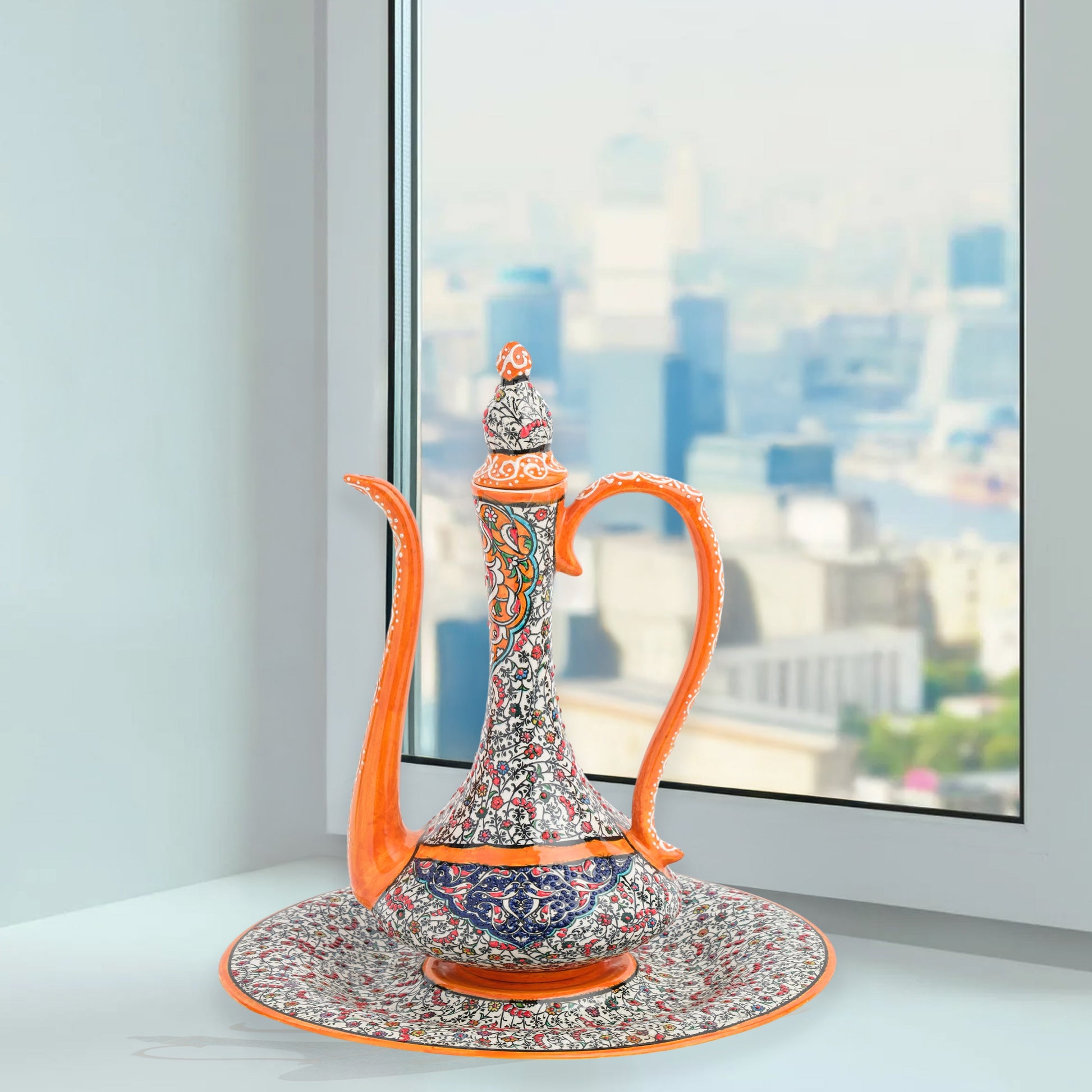 Hand-painted ceramic ewer and basin set with vivid orange accents and Ottoman floral motifs. Decorative artisan piece, 40 cm tall, perfect for cultural décor.