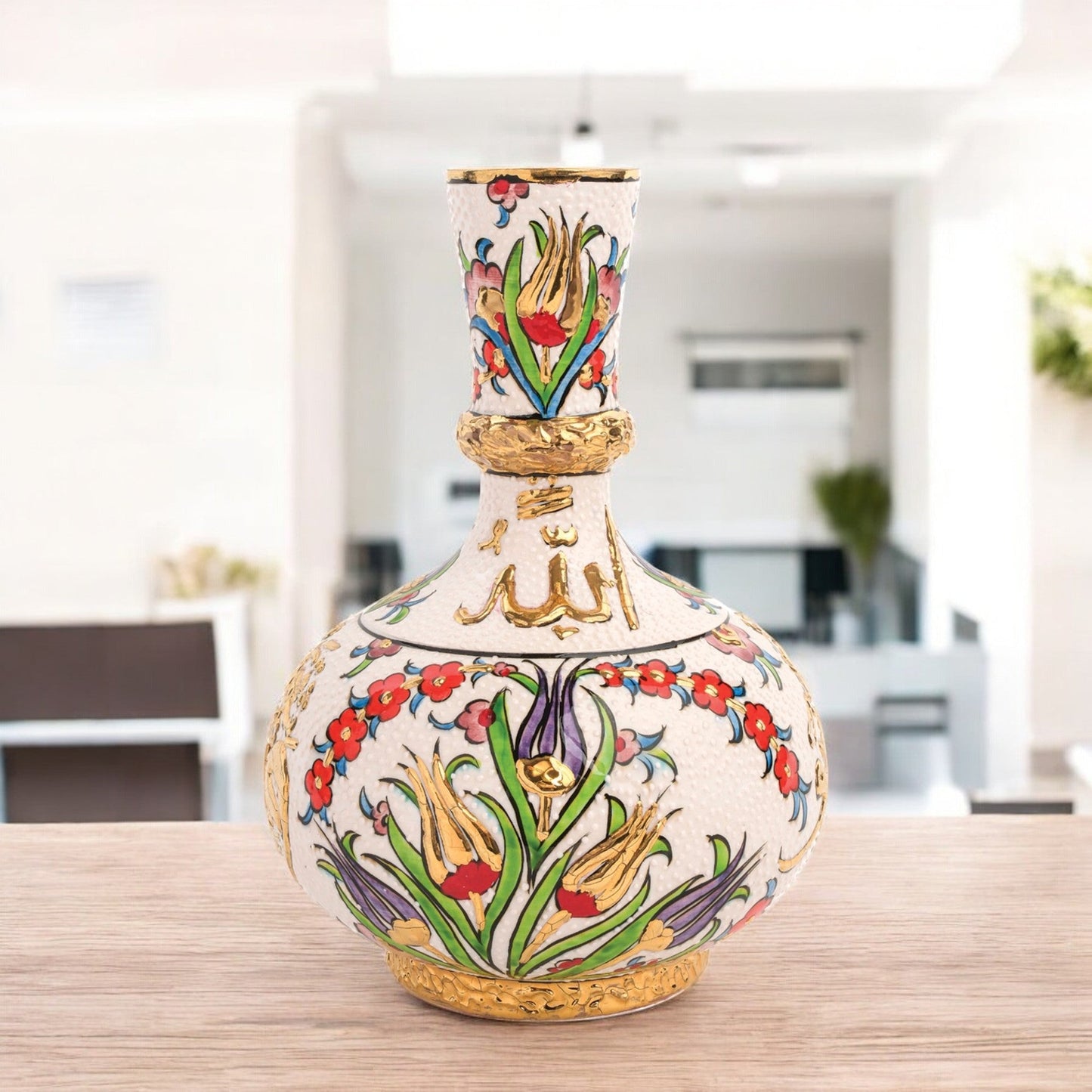 Handmade Ceramic Decorative Vase, Islamic Floral Ceramic Vase, Golden Vase