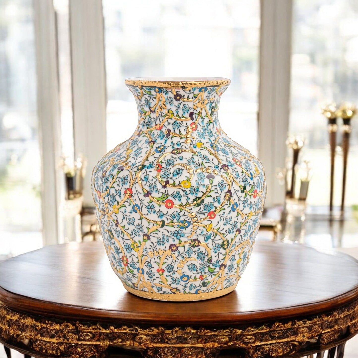 Handmade Ceramic Decorative Vase, Gold Floral Ceramic Vase, Golden Vase