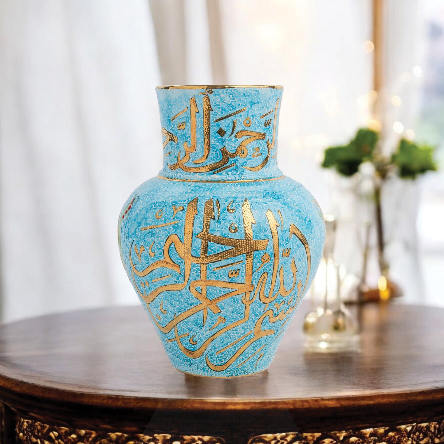 Handmade Ceramic Decorative Vase, Turquoise Calligraphy Ceramic Vase, Golden Vase