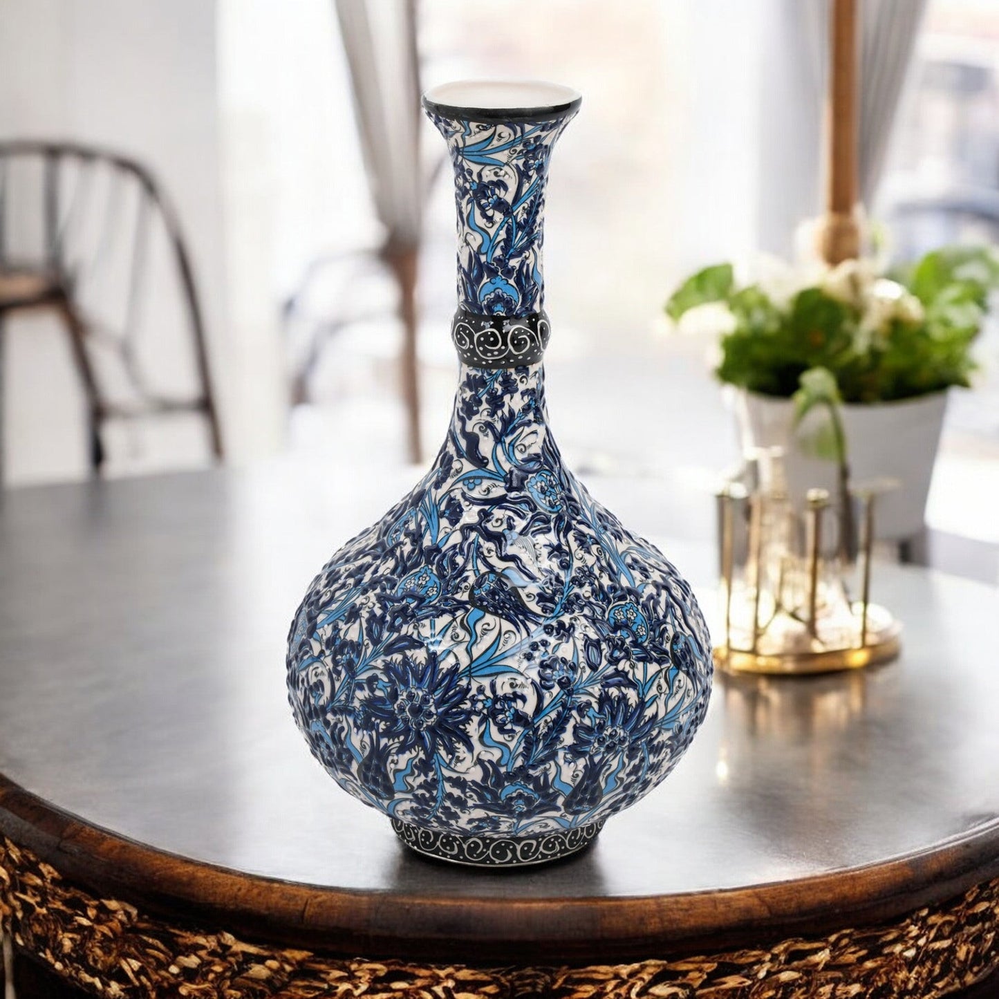 Handmade Ceramic Decorative Vase, Blue Floral Ceramic Vase