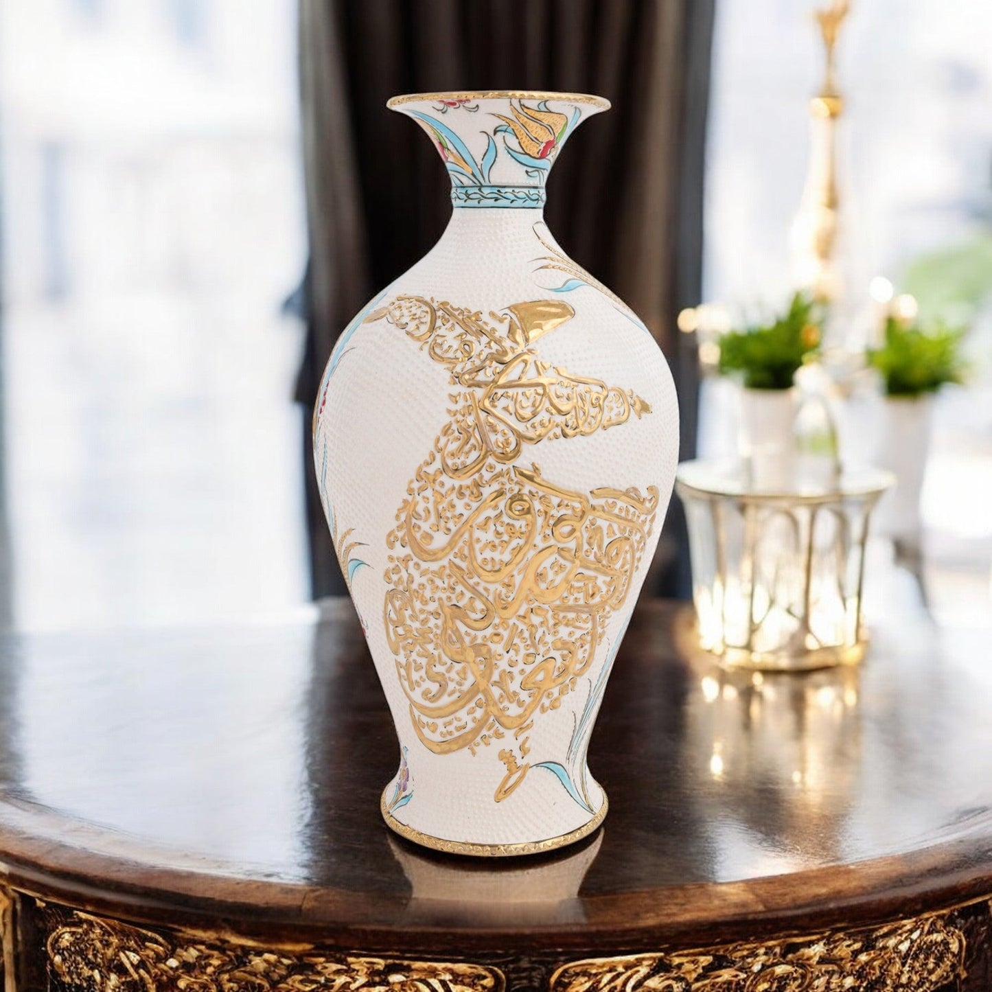Handmade Ceramic Decorative Vase, Dervish Calligraphy Ceramic Vase, Golden Vase