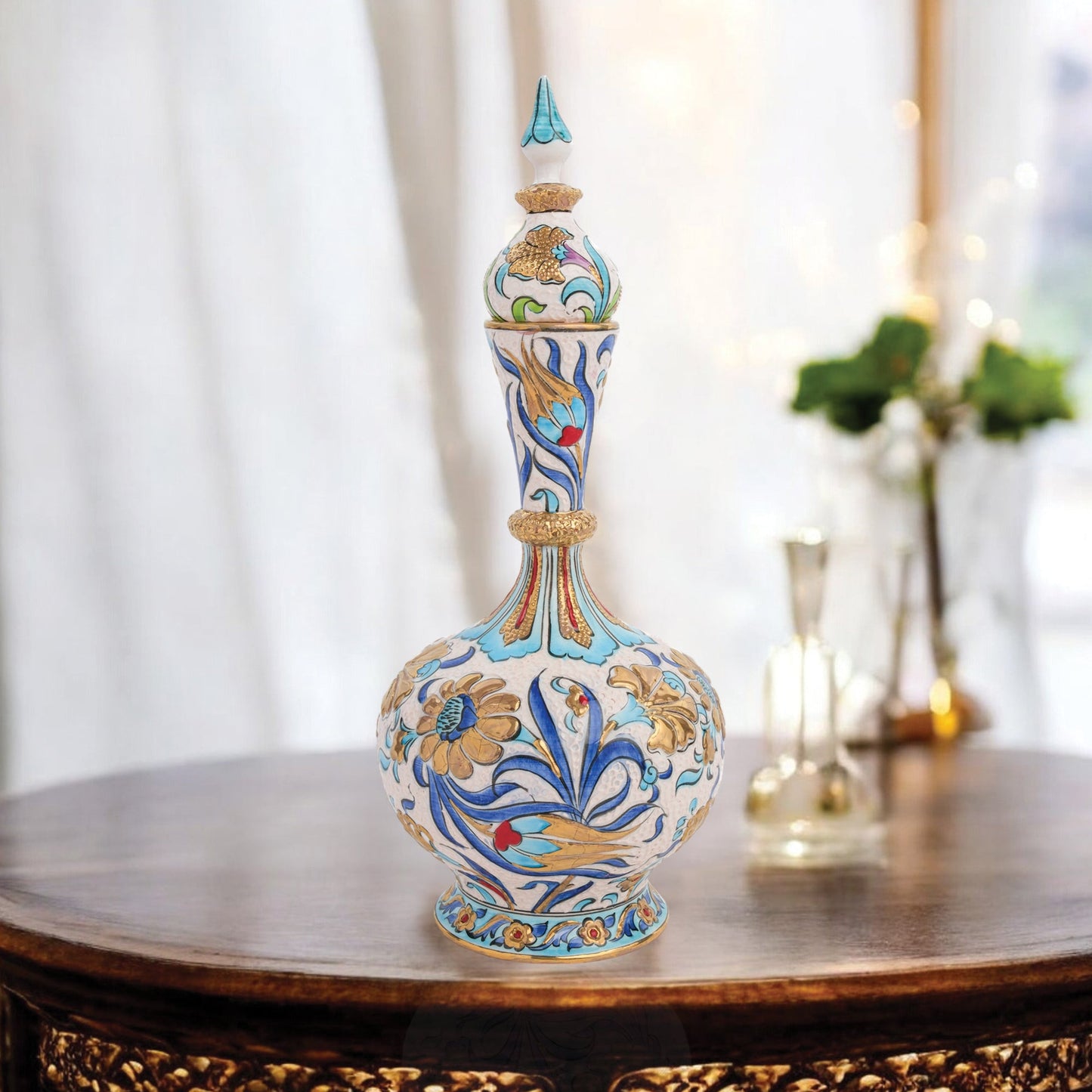 Handmade Ceramic Decorative Vase, Turquoise Floral Ceramic Vase, Golden Vase