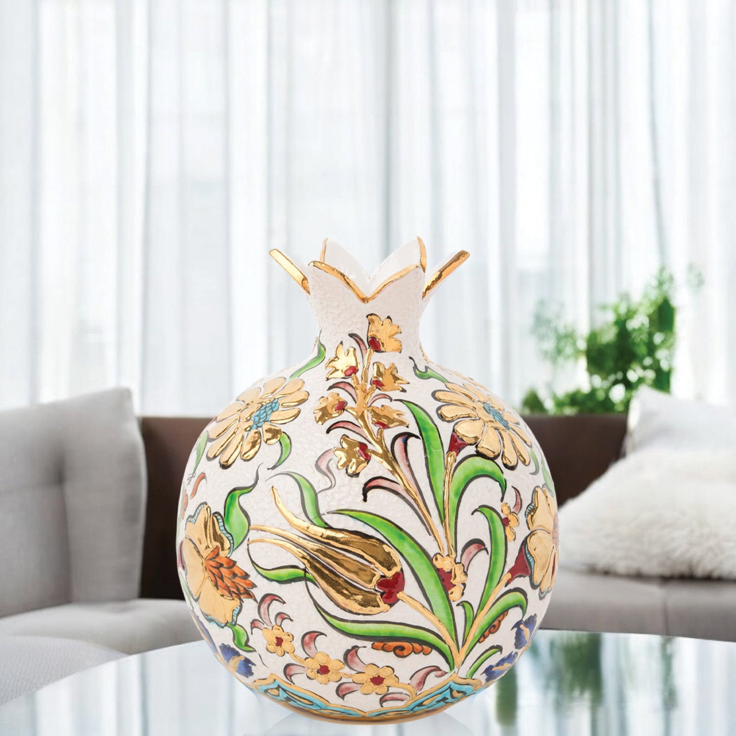 Handmade Ceramic Pomegranate Vase, Golden Vase Home Decor