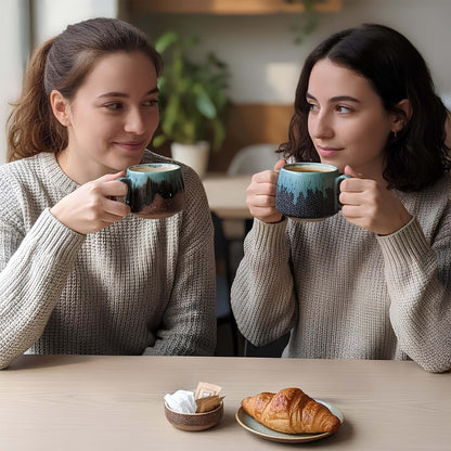 Two women sitting at a table with coffee mugs and pastries.