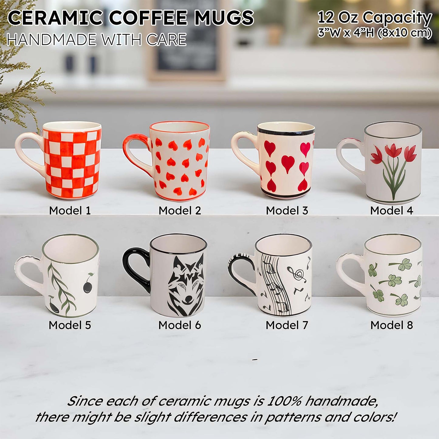 Set of eight ceramic coffee mugs with various designs on a white surface.