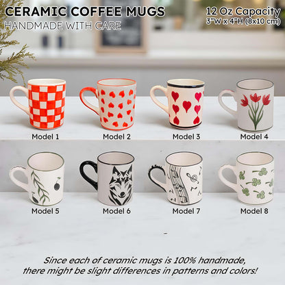Set of eight ceramic coffee mugs with various designs on a white surface.