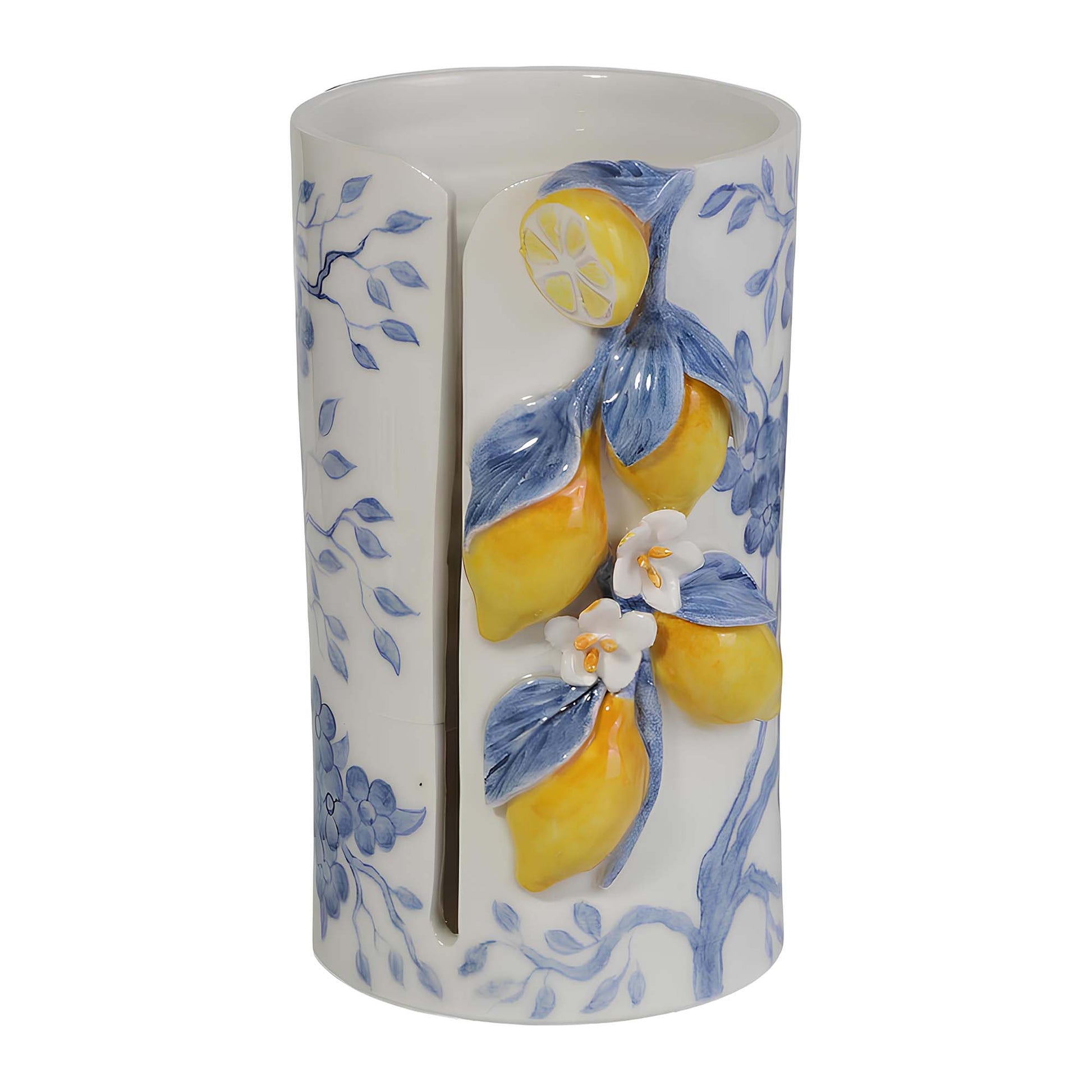Ceramic paper towel holder with lemon and floral design on a white background