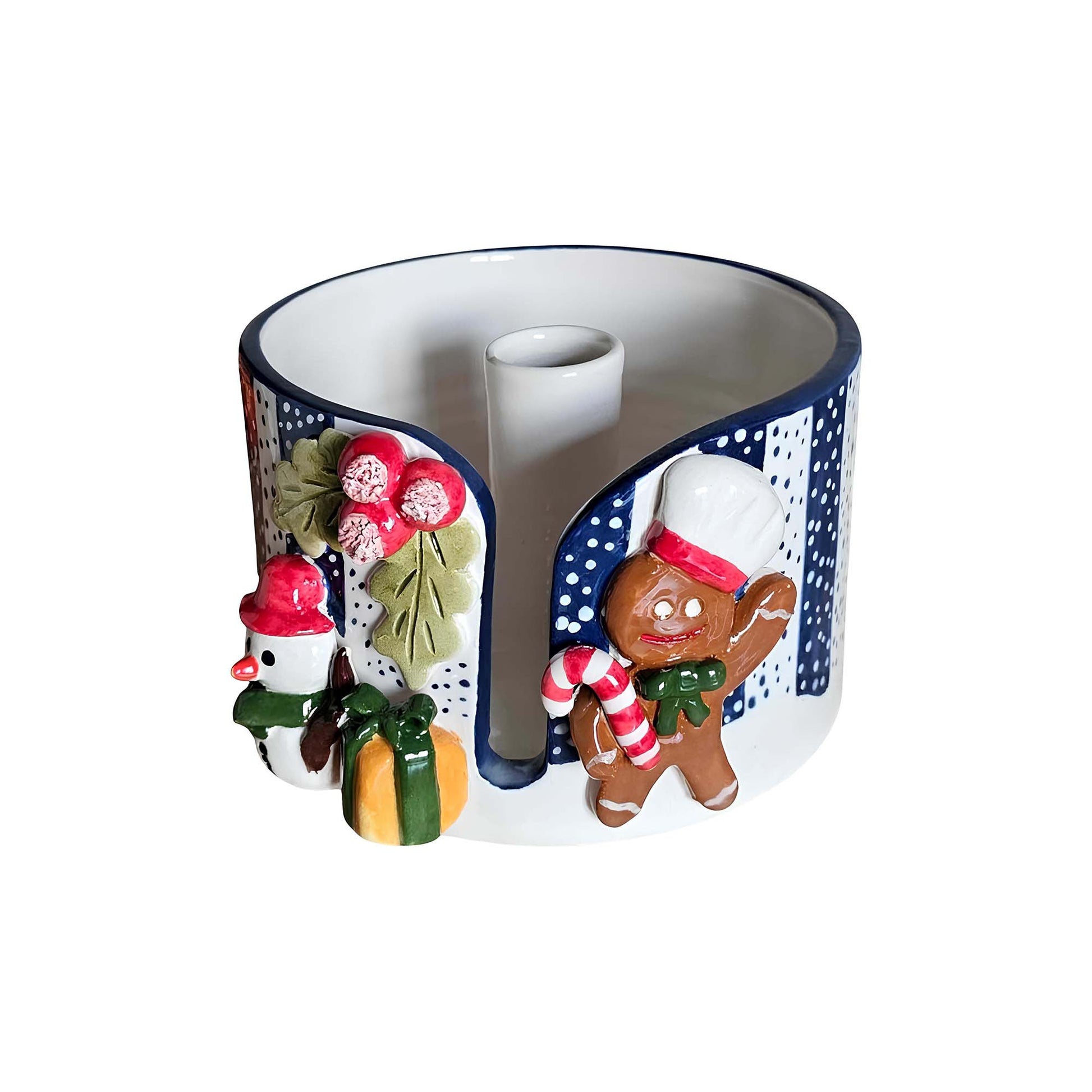 Decorative paper towel holder with Christmas-themed figurines on a white background