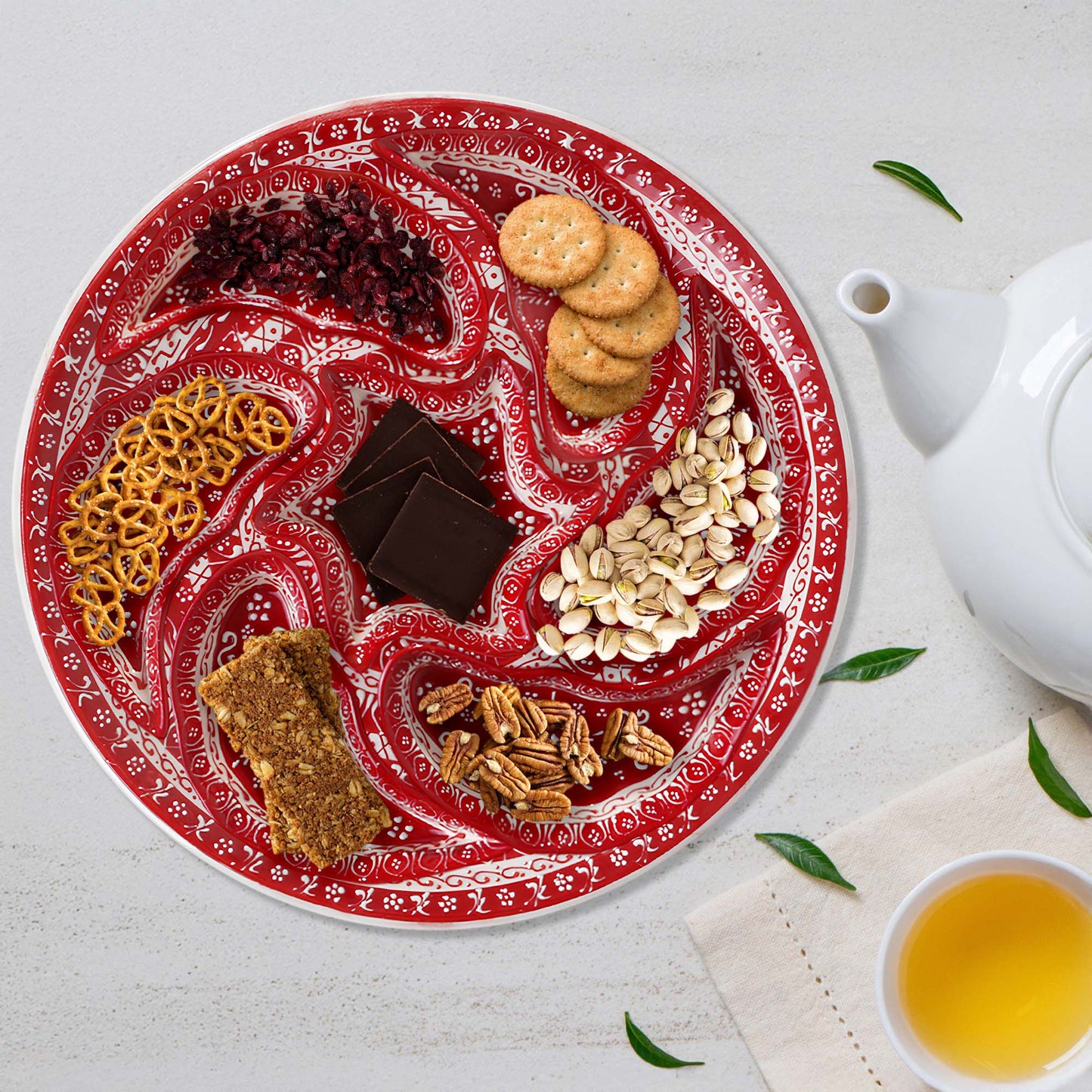 Hand-painted red Turkish ceramic serving tray set, 8-piece platter for snacks, appetizers, dips, and desserts, festive dining table centerpiece