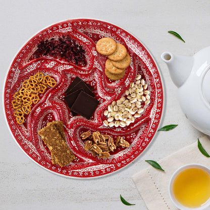 Hand-painted red Turkish ceramic serving tray set, 8-piece platter for snacks, appetizers, dips, and desserts, festive dining table centerpiece