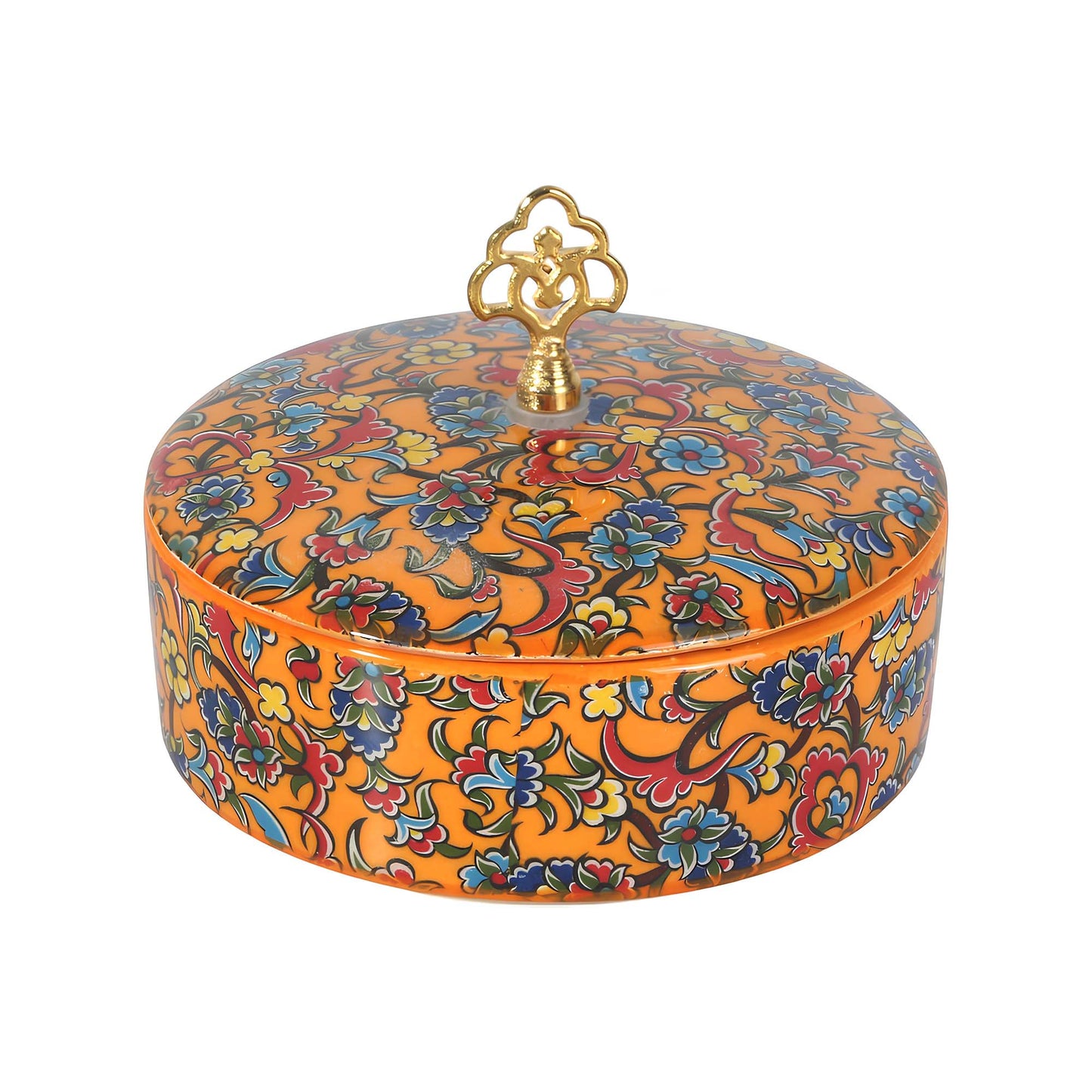 Decorative sugar bowl with colorful floral patterns and a gold lid on a white background