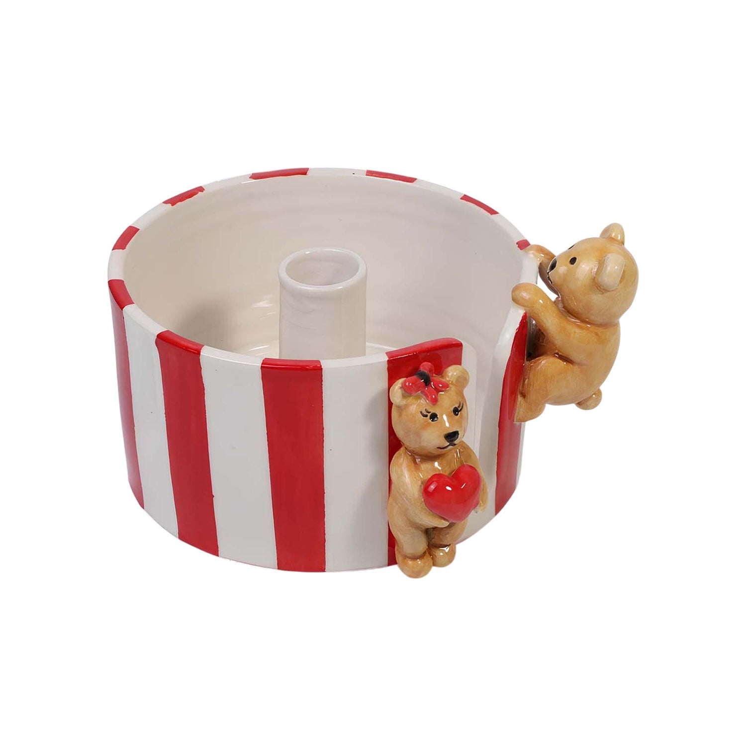 Ceramic paper towel holder with red and white stripes and bear figurines on a white background
