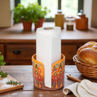 Decorative paper towel holder with paper towels on a kitchen counter with bread and plants in the background.