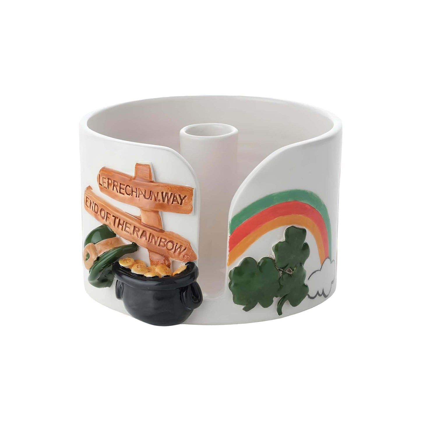 Ceramic paper towel holder with Leprechaun-themed design on a white background