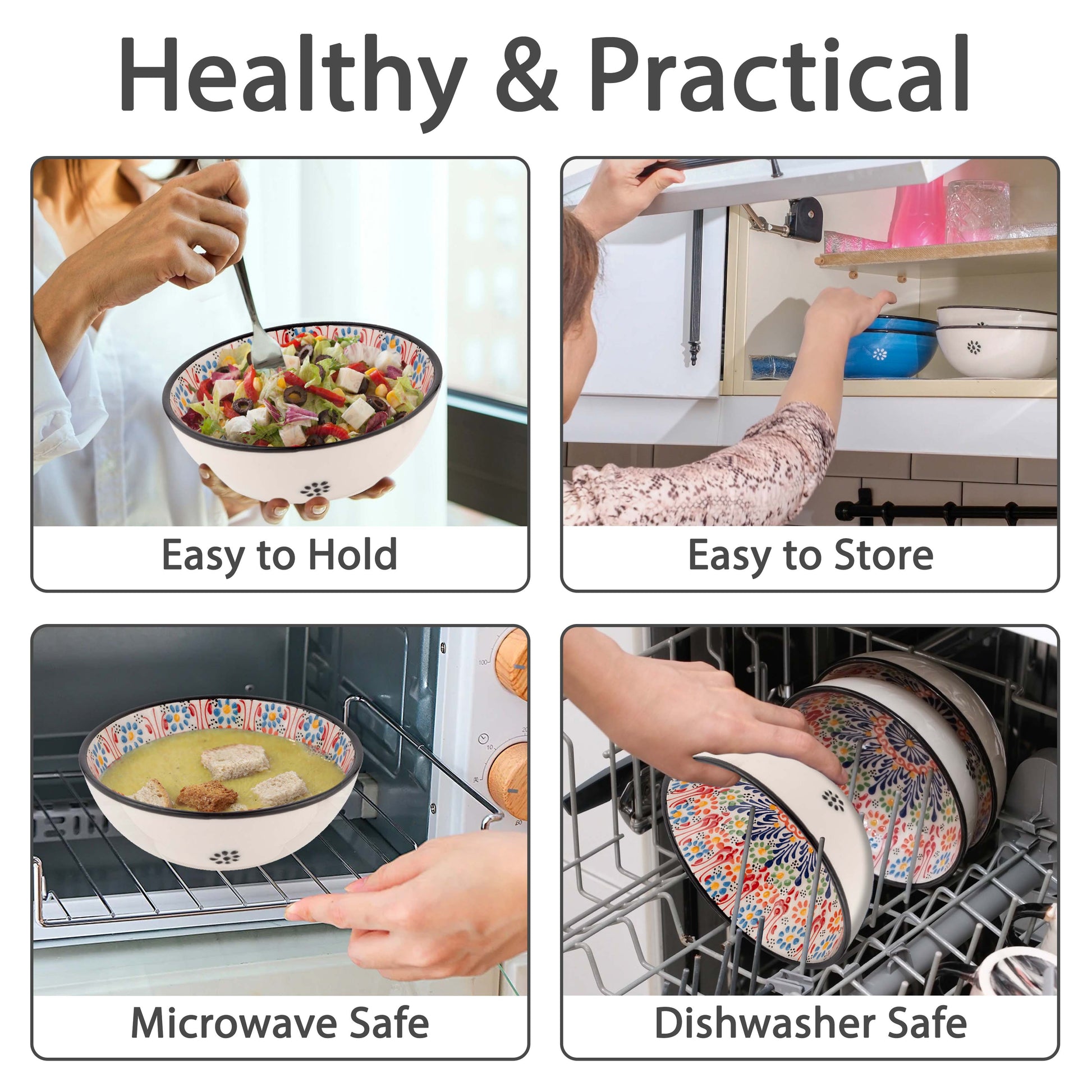 Collage of a serving bowl being held, stored, microwaved, and washed with text indicating its features.