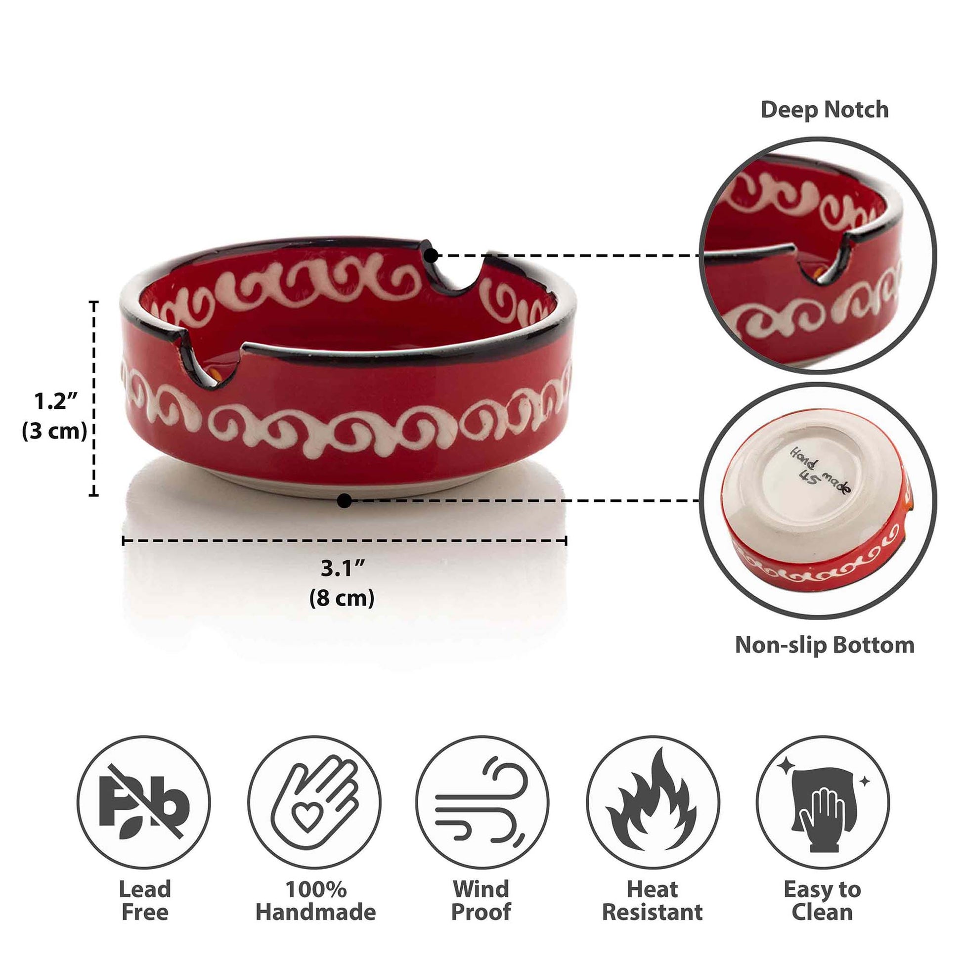 Red and white ceramic ashtrays with measurements and features on a white background