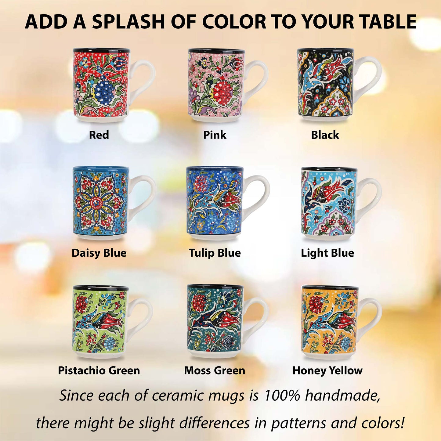 Set of ceramic coffee mugs with various colorful patterns and text describing color options.
