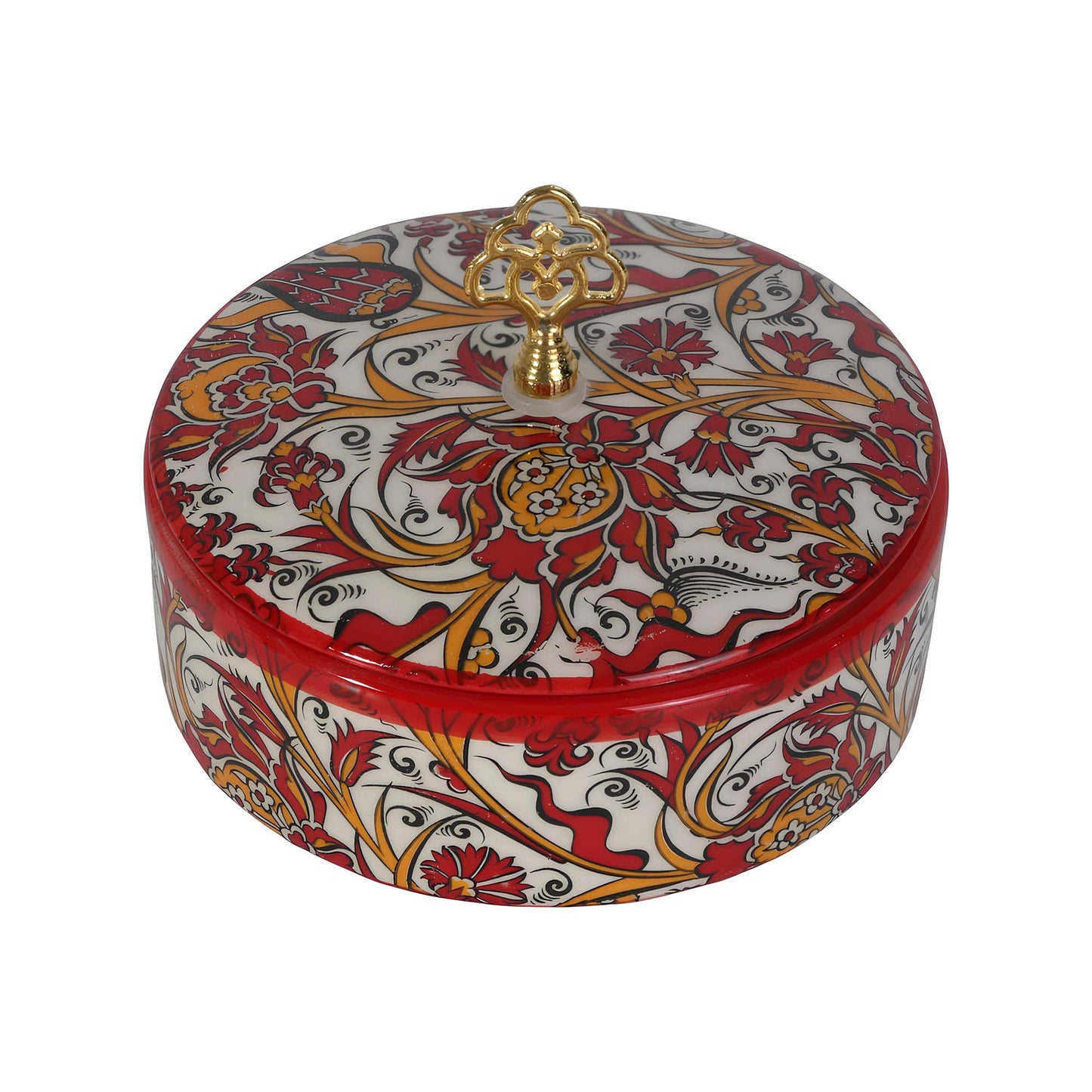 Decorative round sugar bowl with intricate patterns and a gold handle on a white background