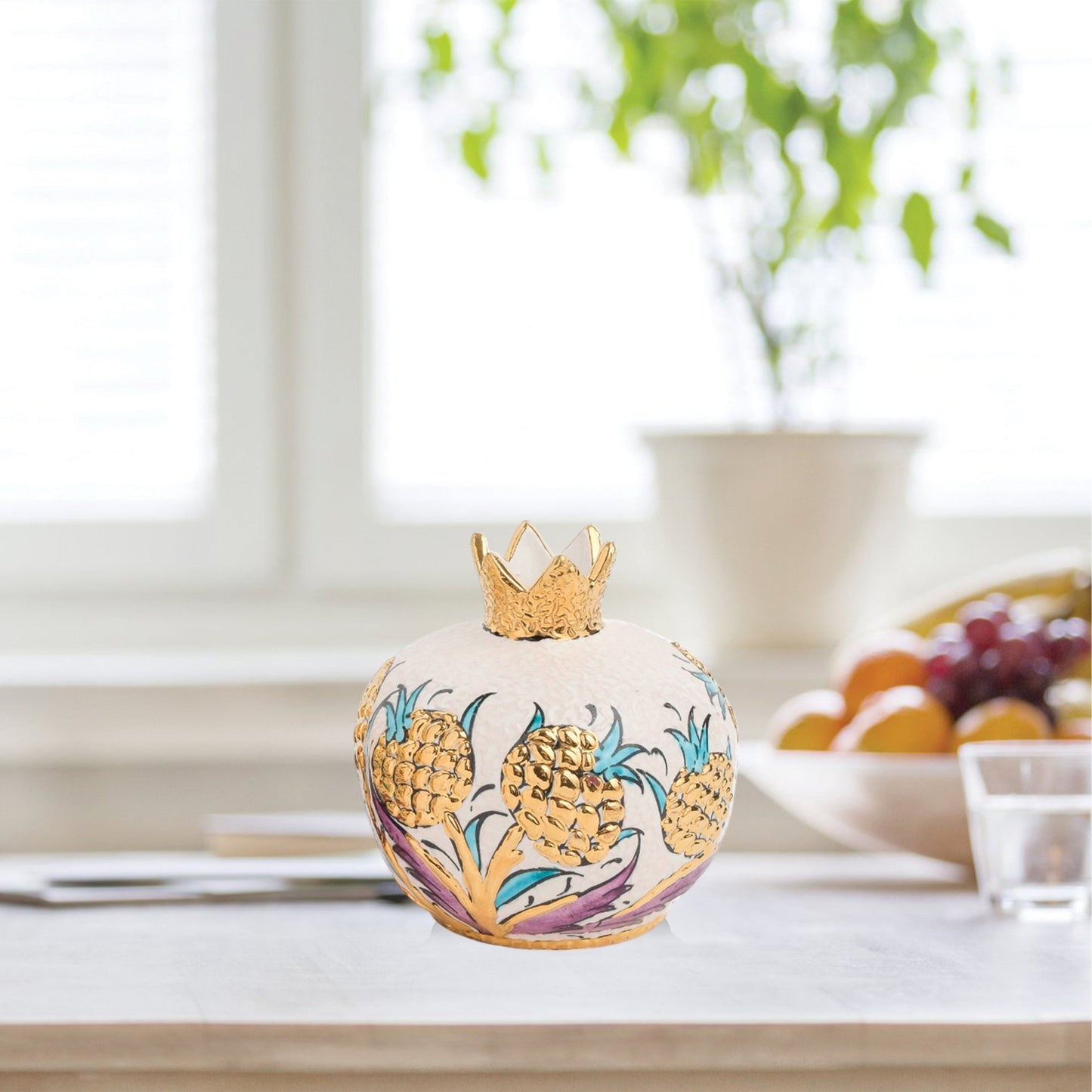 Handmade Ceramic Pomegranate Vase, Golden Vase Home Decor