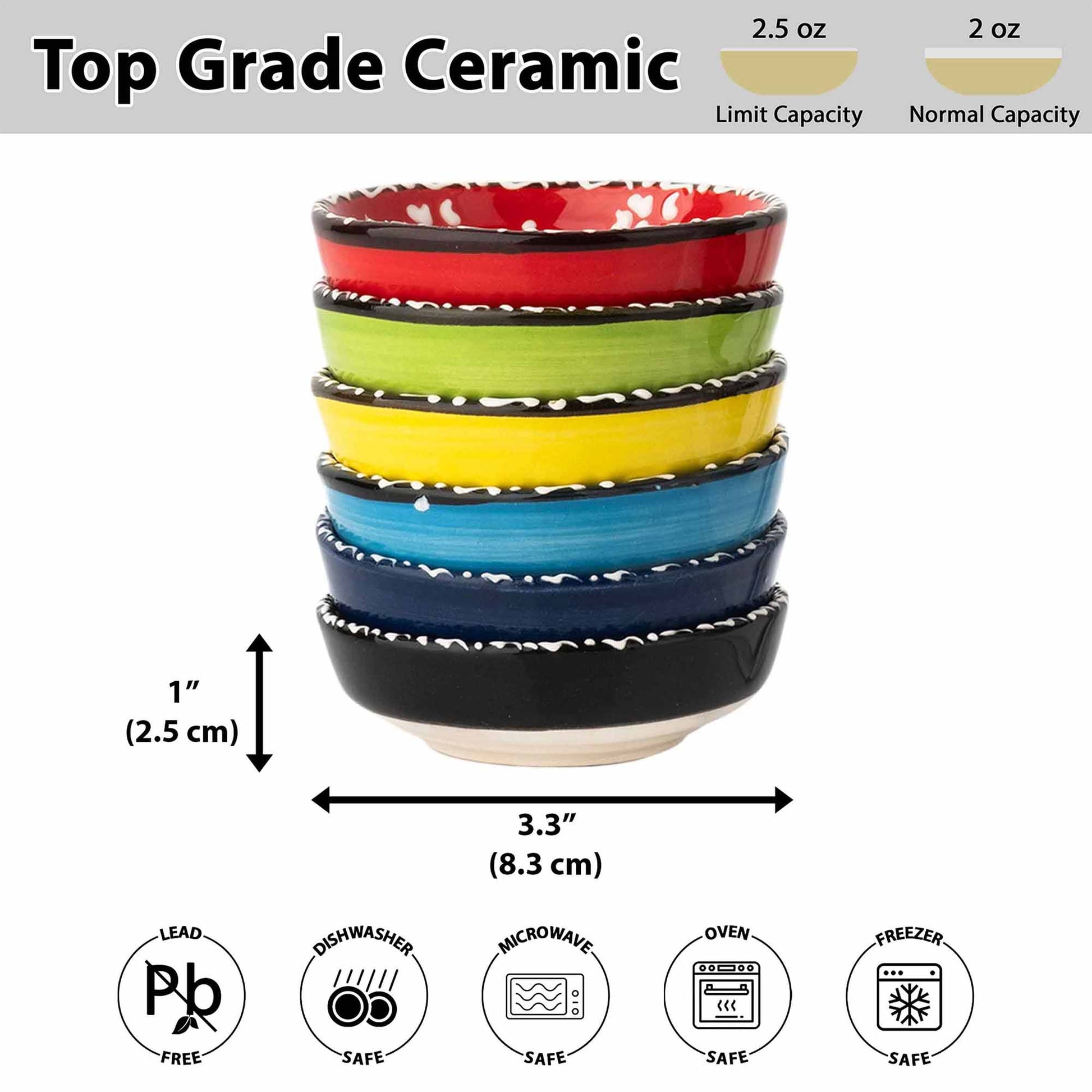 Stack of colorful ceramic bowls with capacity and size information on a white background