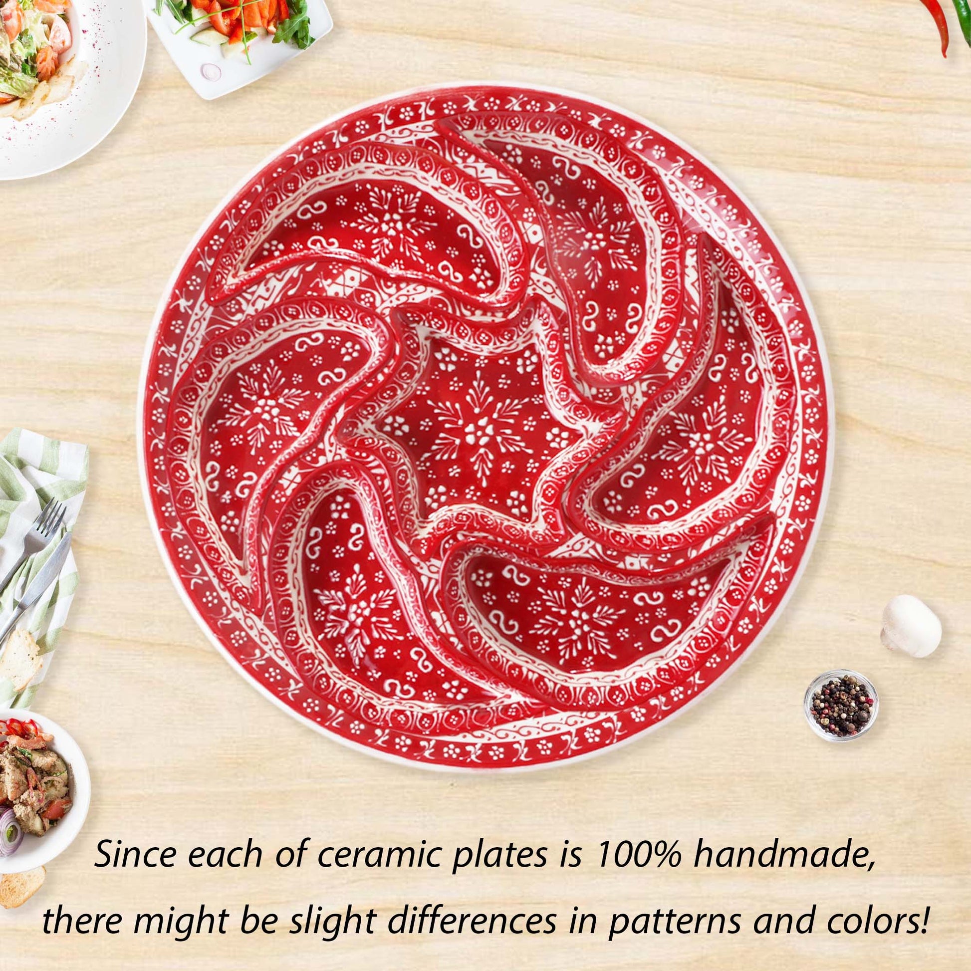 Hand-painted red Turkish ceramic serving tray set, 8-piece platter for snacks, appetizers, dips, and desserts, festive dining table centerpiece