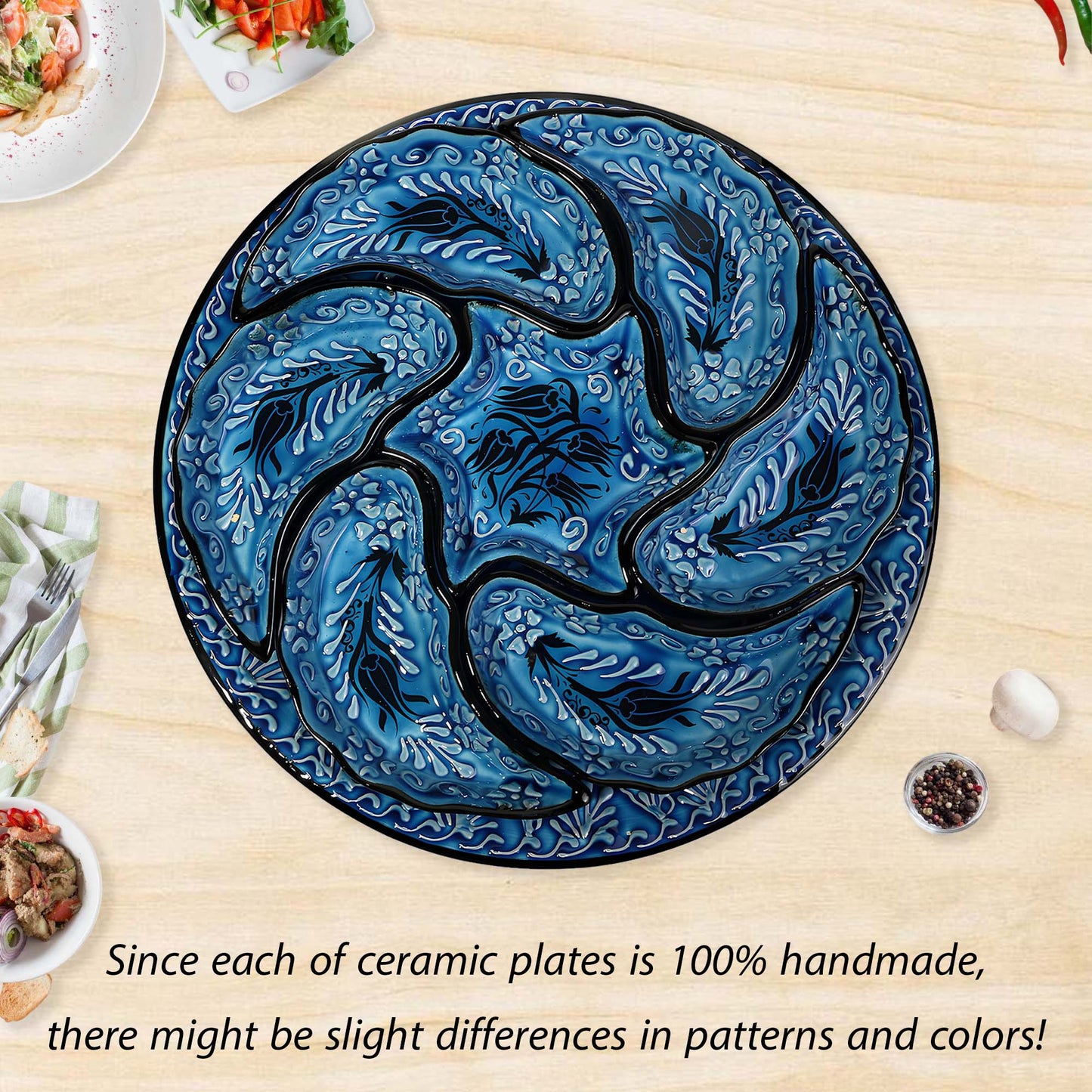 Ceramic snack serving tray set with tulip design on a wooden table