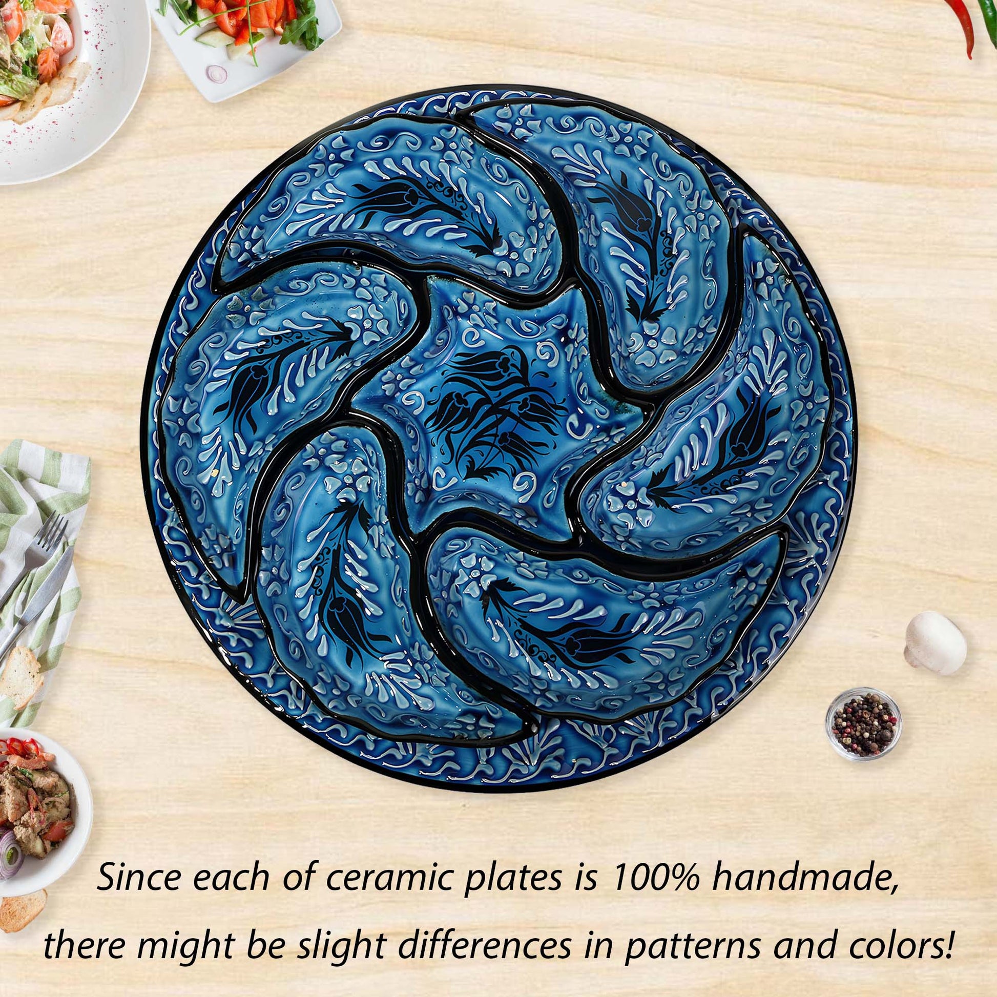 Ceramic snack serving tray set with tulip design on a wooden table