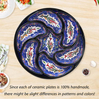 Blue Turkish floral ceramic snack serving tray set, 8-piece handmade platter with multicolor motifs, artisan appetizer and nut dish set