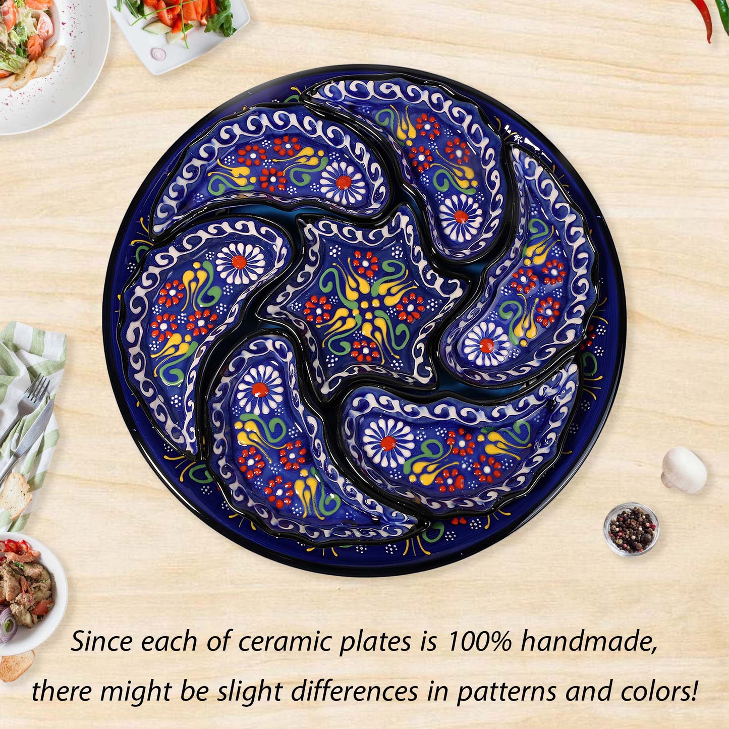 Decorative ceramic snack serving tray set with colorful patterns on a wooden table.