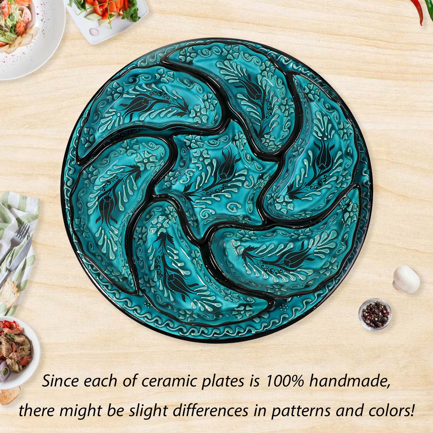 Dark Turquoise Turkish Floral – 8 Piece Ceramic Snack Serving Tray Set, Handmade Appetizer Platters