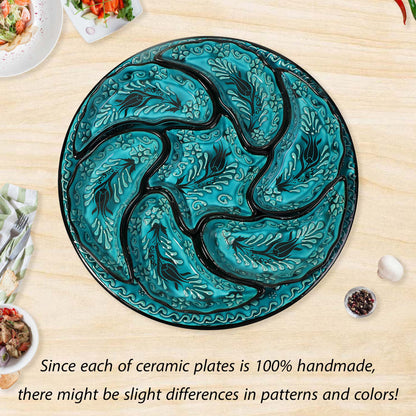 Dark Turquoise Turkish Floral – 8 Piece Ceramic Snack Serving Tray Set, Handmade Appetizer Platters