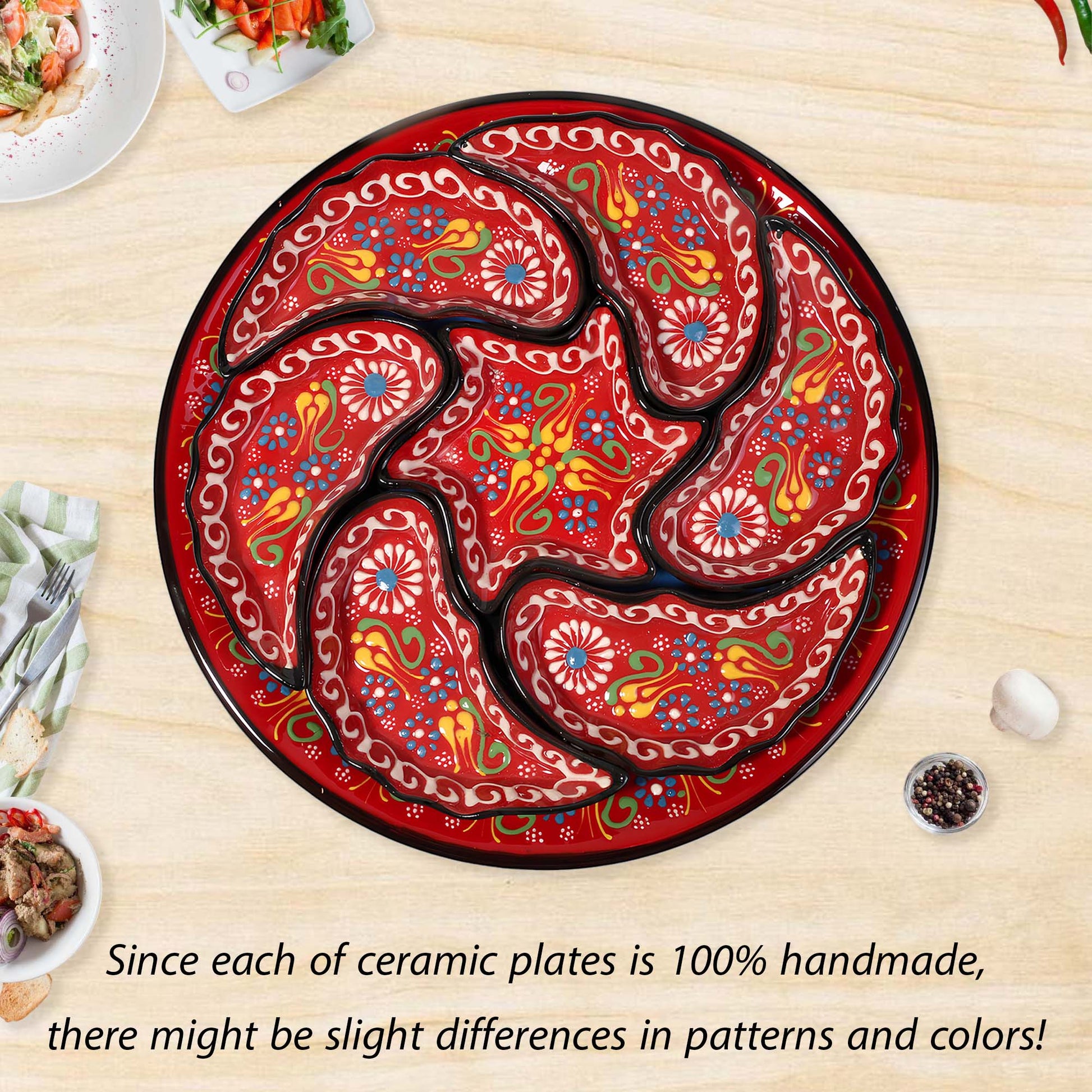 Decorative ceramic snack serving tray set with intricate patterns on a wooden table.