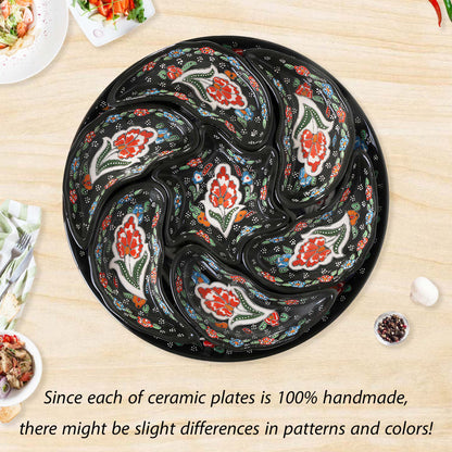 Black Turkish floral ceramic snack serving tray set, 8-piece handmade platter with red flower motifs, artisan appetizer and nut dishes