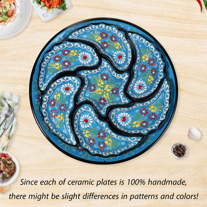 Decorative ceramic snack serving tray set with floral patterns on a wooden table