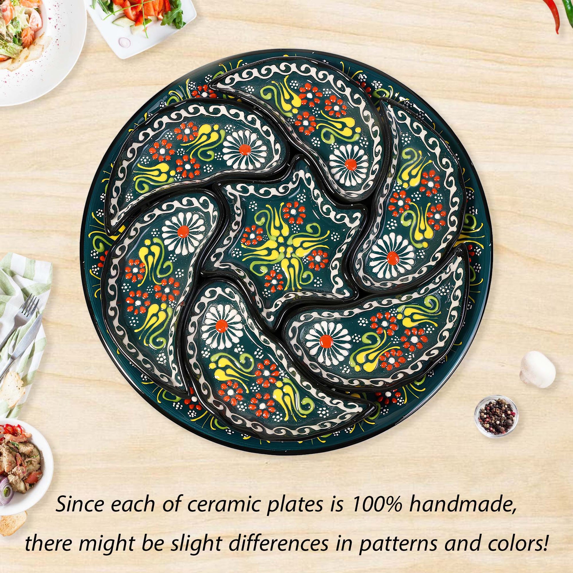 Decorative ceramic snack serving tray set with colorful patterns on a wooden table.