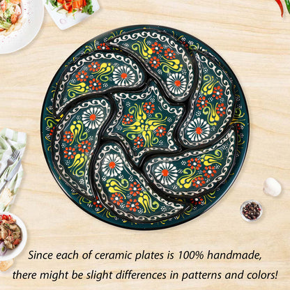 Decorative ceramic snack serving tray set with colorful patterns on a wooden table.