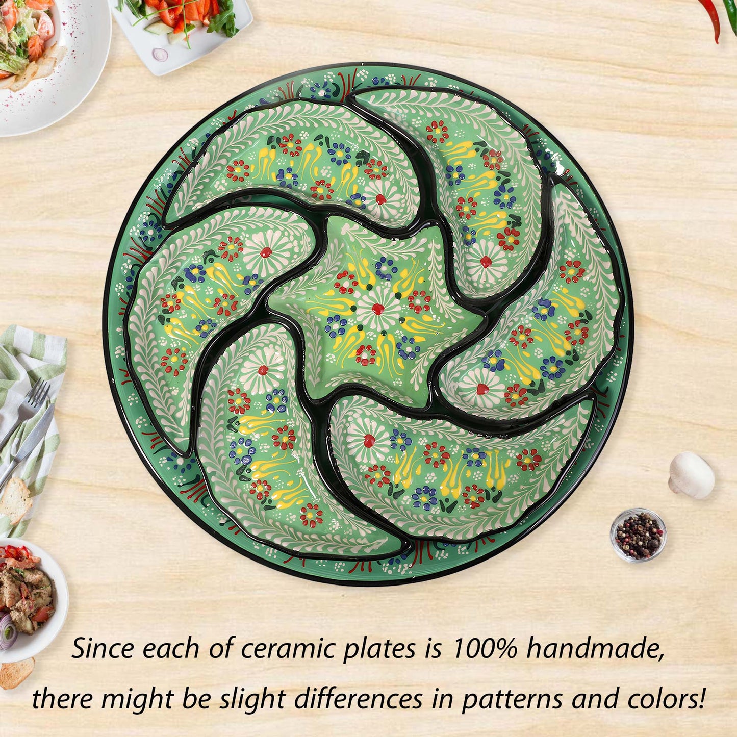 Decorative ceramic snack serving tray set with floral patterns on a wooden table.