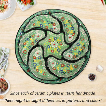 Decorative ceramic snack serving tray set with floral patterns on a wooden table.