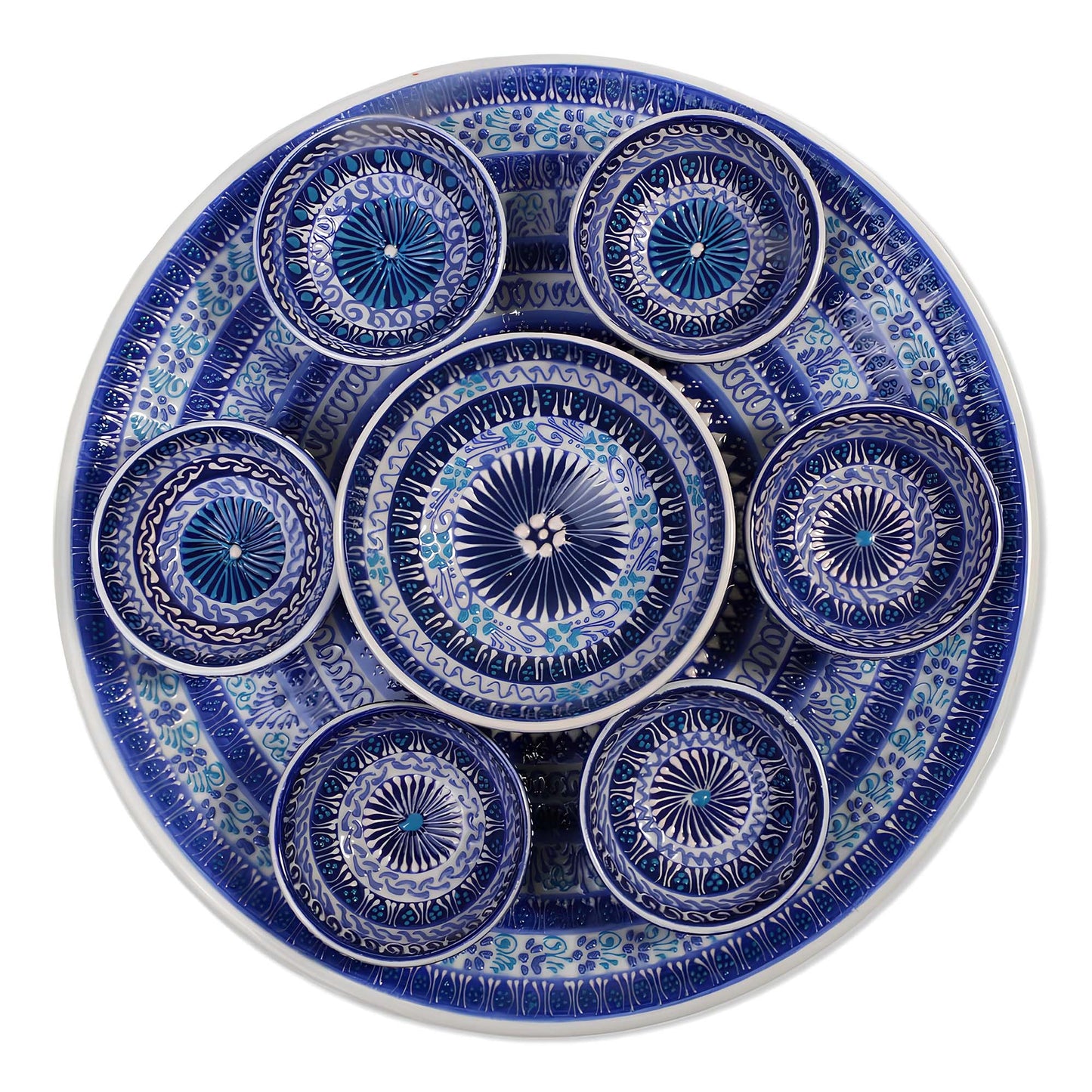 Ceramic snack serving bowls set with blue and white geometric pattern on a white background