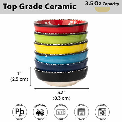 Stack of colorful ceramic pinch bowls with dimensions and safety icons on a white background