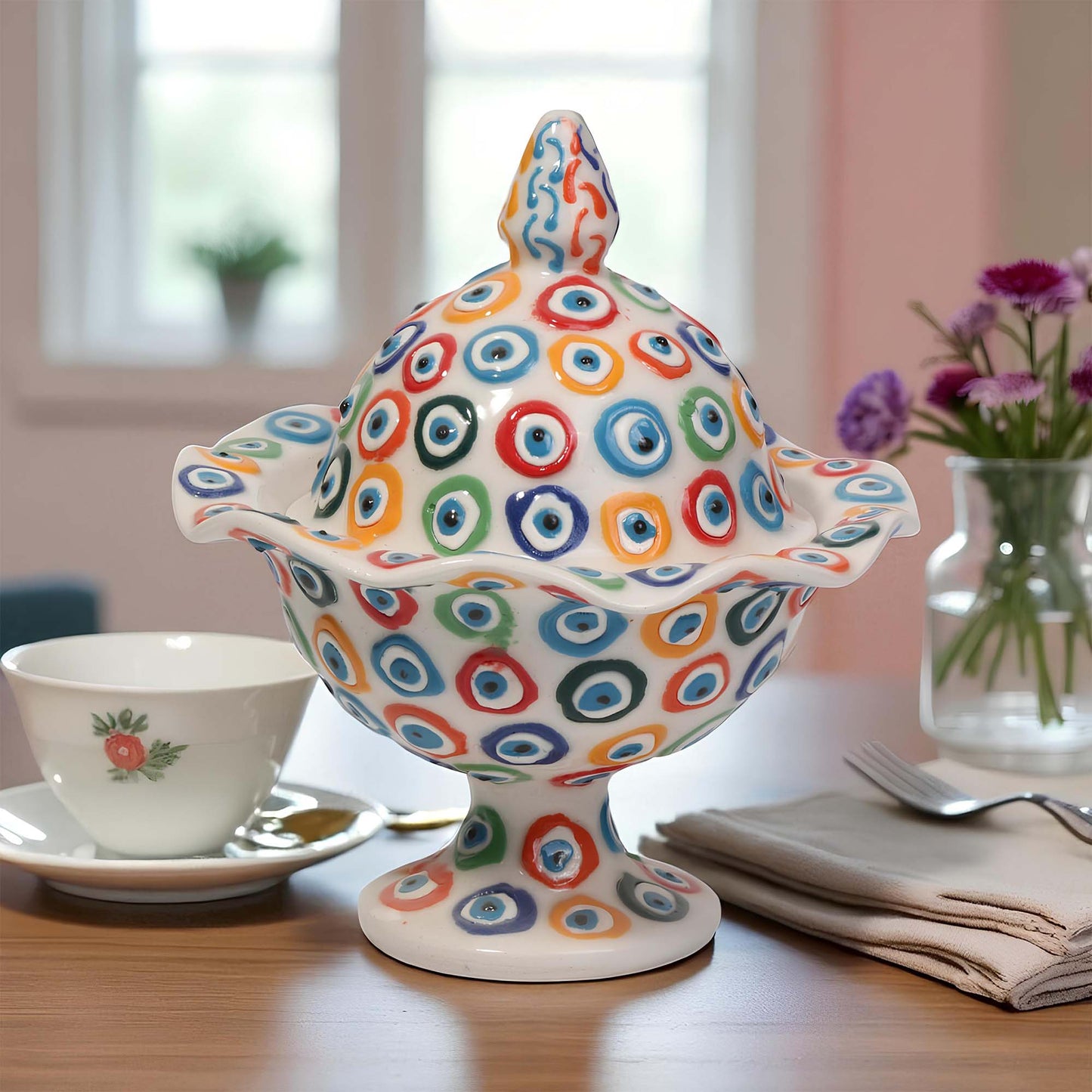 Colorful ceramic sugar bowl on a table with a cup and vase in the background.