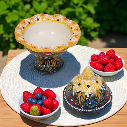 Decorative ceramic sugar bowl with colorful patterns on a wooden table with fruit bowls.