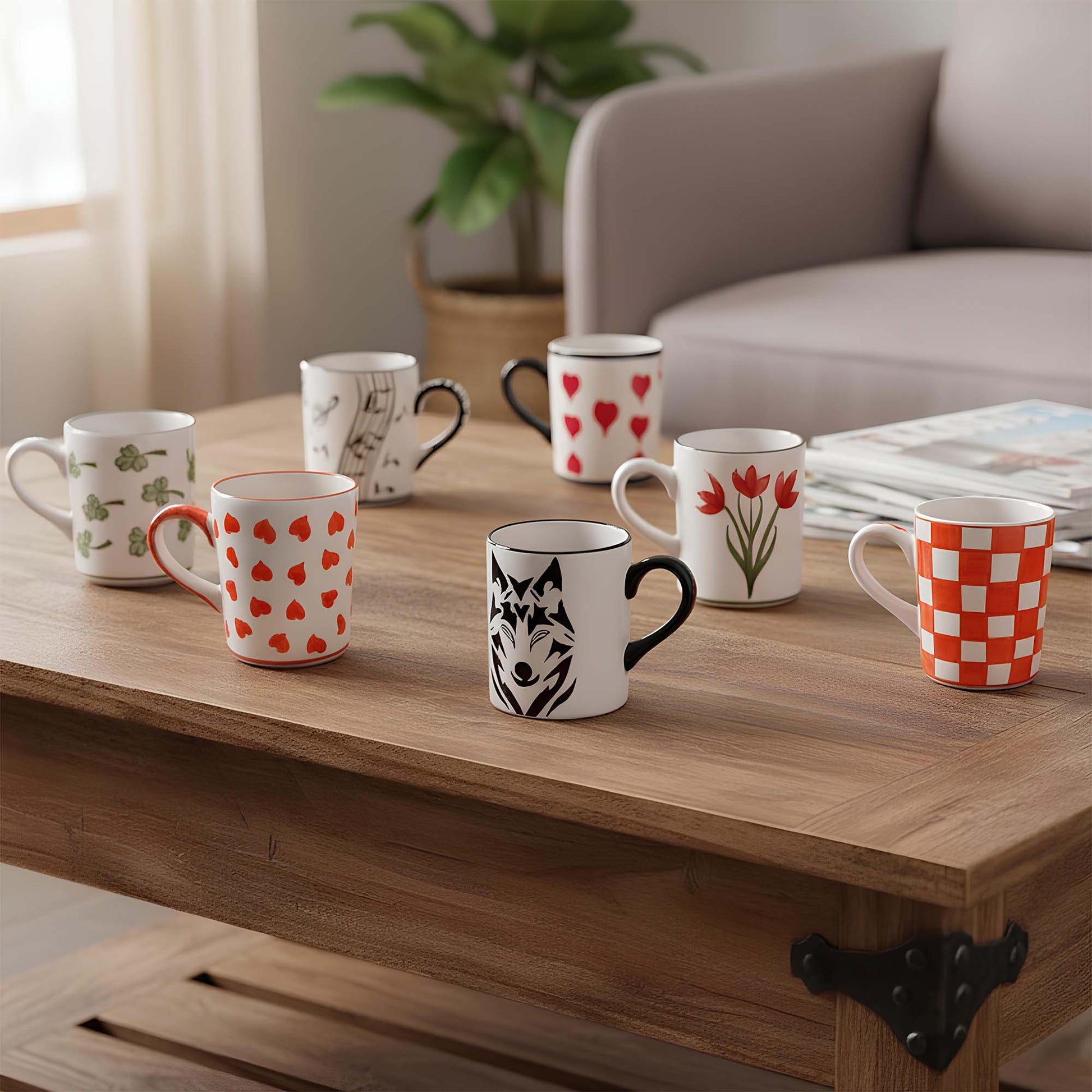 Set of colorful mugs on a wooden table with a cozy living room background